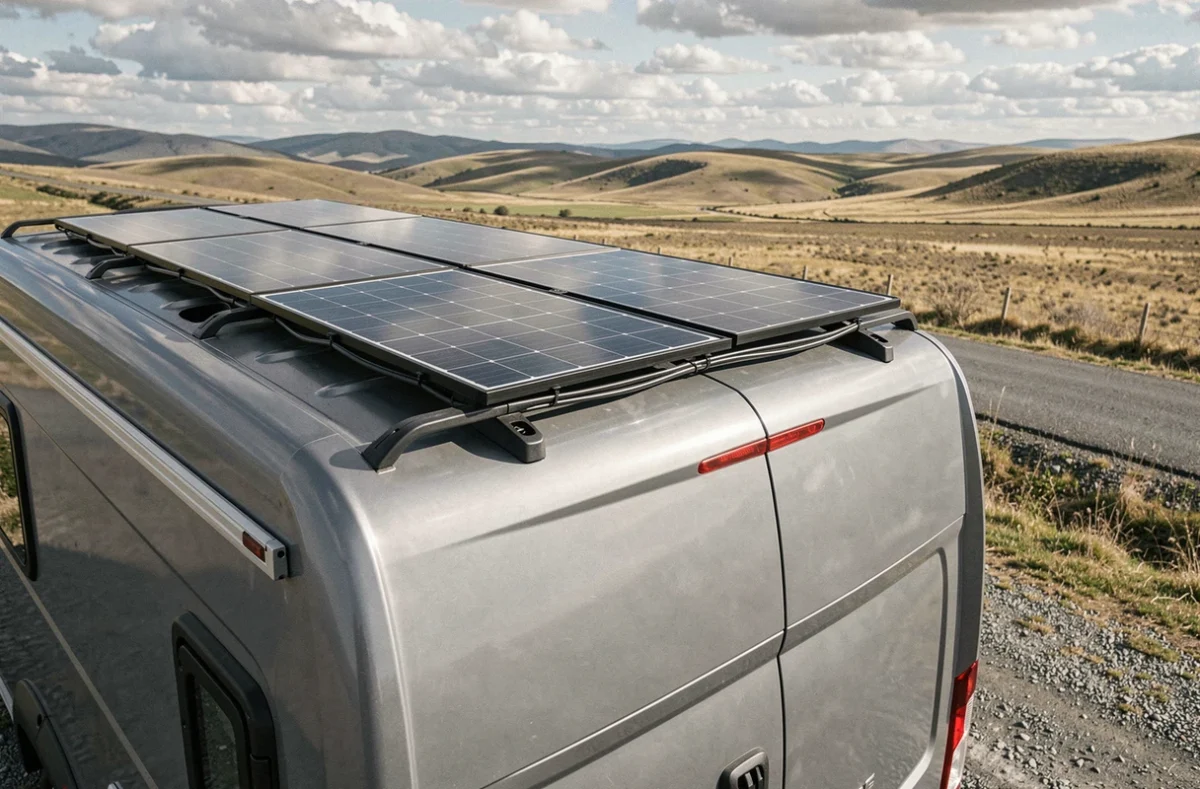 Fourgon gris avec panneaux solaires installés sur le toit, garé dans un paysage naturel rural lors d'un voyage en van