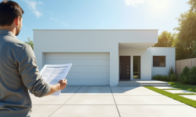 Garage moderne blanc avec personne tenant permis de construire