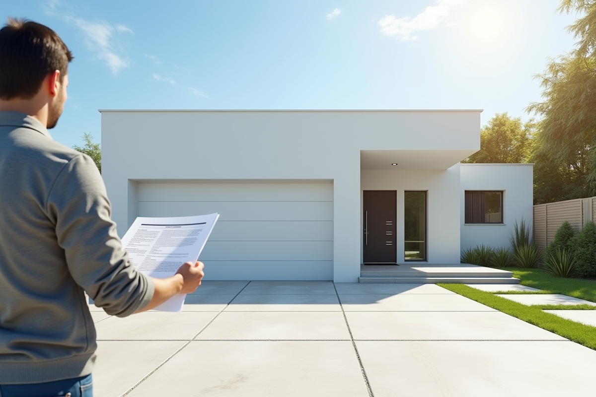 Garage moderne blanc avec personne tenant permis de construire
