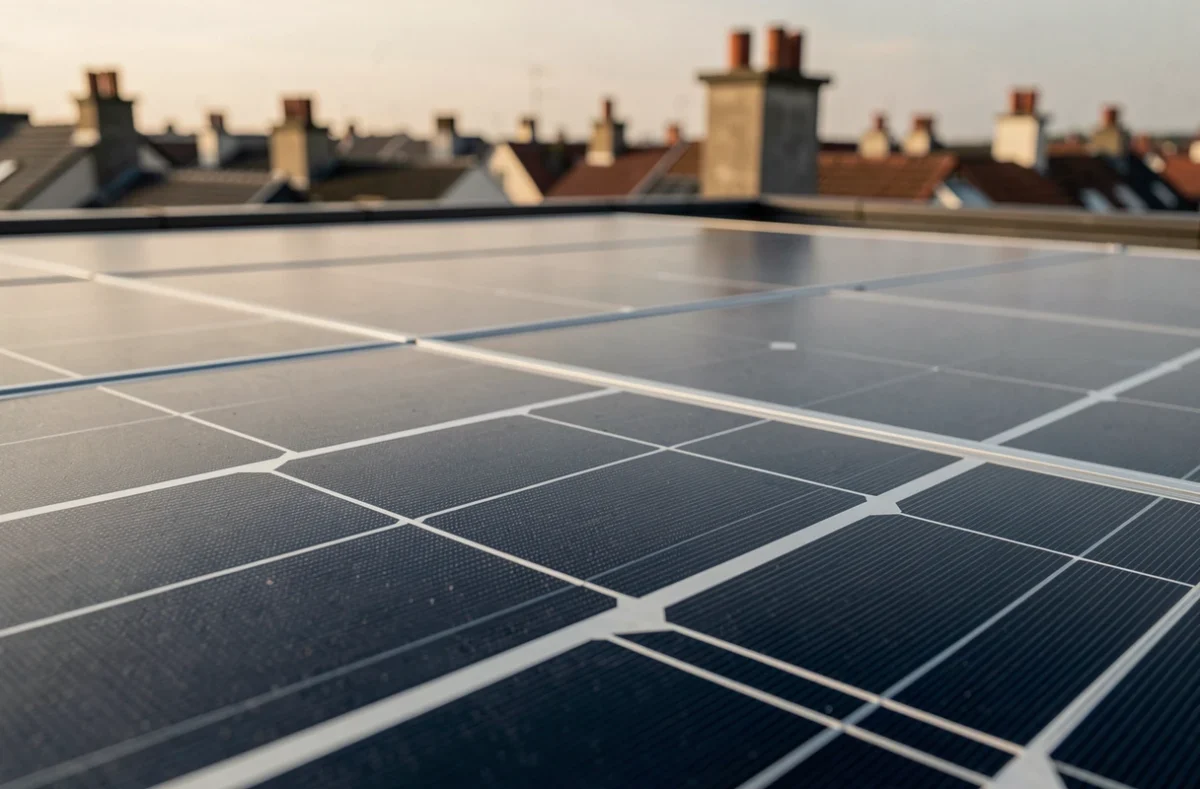 Gros plan sur la surface et les cellules photovoltaïques du panneau solaire EcoFlow 400W installé sur un toit