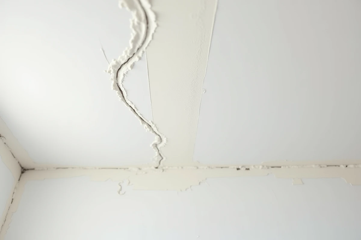 Gros plan d'une fissure sur plafond en plaque de plâtre avec de l'enduit blanc appliqué à la spatule pour la réparation