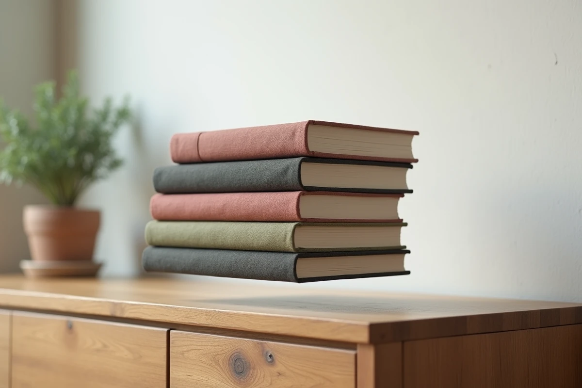 Gros plan sur des livres en lévitation grâce à un book stacker invisible sur un meuble en chêne
