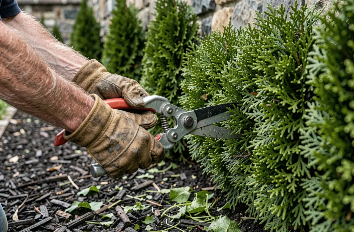 Gros plan sur les mains gantées d'un paysagiste réglant des cisailles professionnelles devant une haie de thuyas taillée