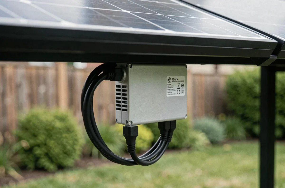 Gros plan sur un micro-onduleur plug and play avec ses connecteurs MC4 et son câble à fiche domestique sous un panneau solaire