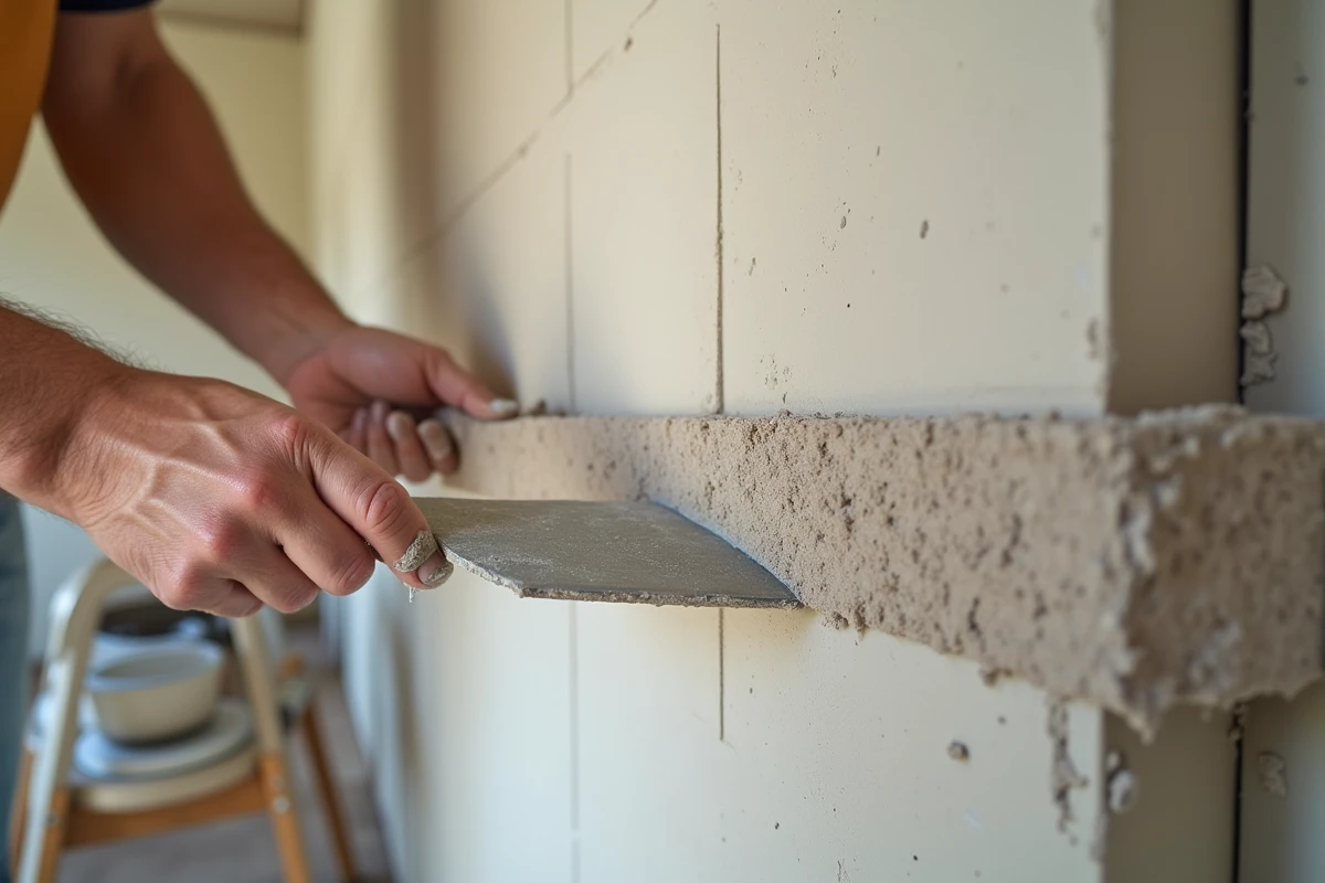 Gros plan sur les mains d'un plâtrier lissant l'enduit sur une bande armée en angle de plaque de plâtre