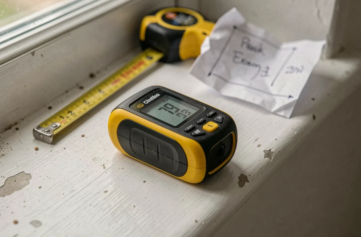 Gros plan d'un télémètre laser posé sur un rebord de fenêtre avec des notes de calcul de surface
