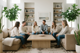 Groupe d'adultes discutant autour d'une table moderne