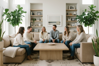 Groupe d'adultes discutant autour d'une table moderne