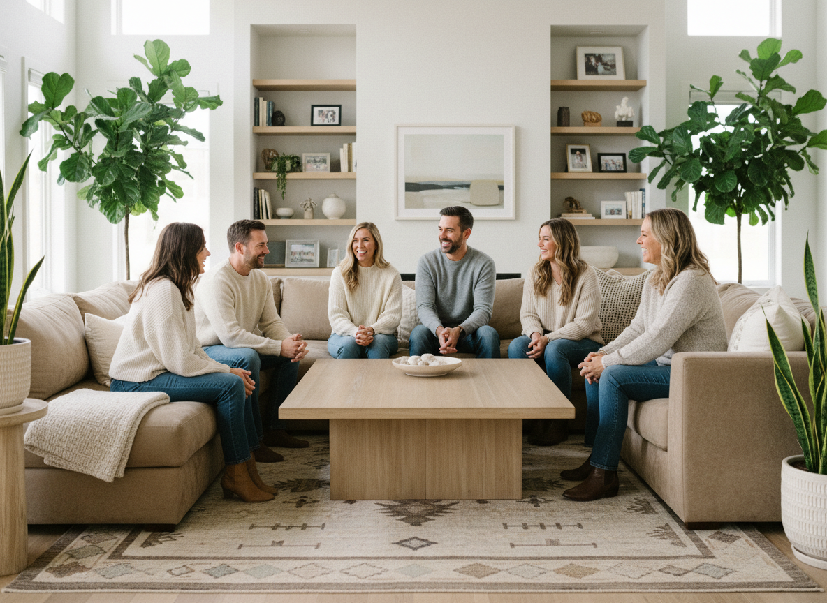 Groupe d'adultes discutant autour d'une table moderne