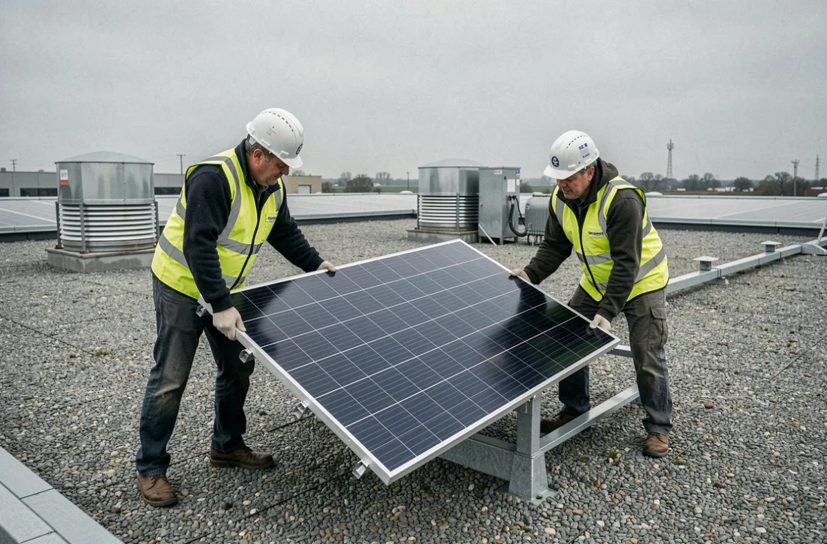 Équipe du Groupe Massot posant des panneaux solaires sur un toit commercial dans la zone industrielle de Bourges