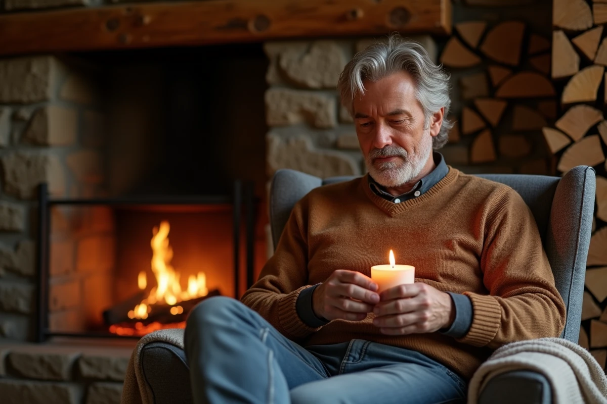 Homme d age moyen allumant une bougie dans un cadre cosy et rustique