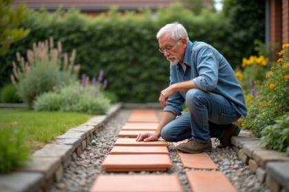 Homme d'âge moyen posant dans un jardin en train de poser des carreaux