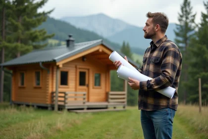 Homme en jeans et flanelle regardant un chalet en bois