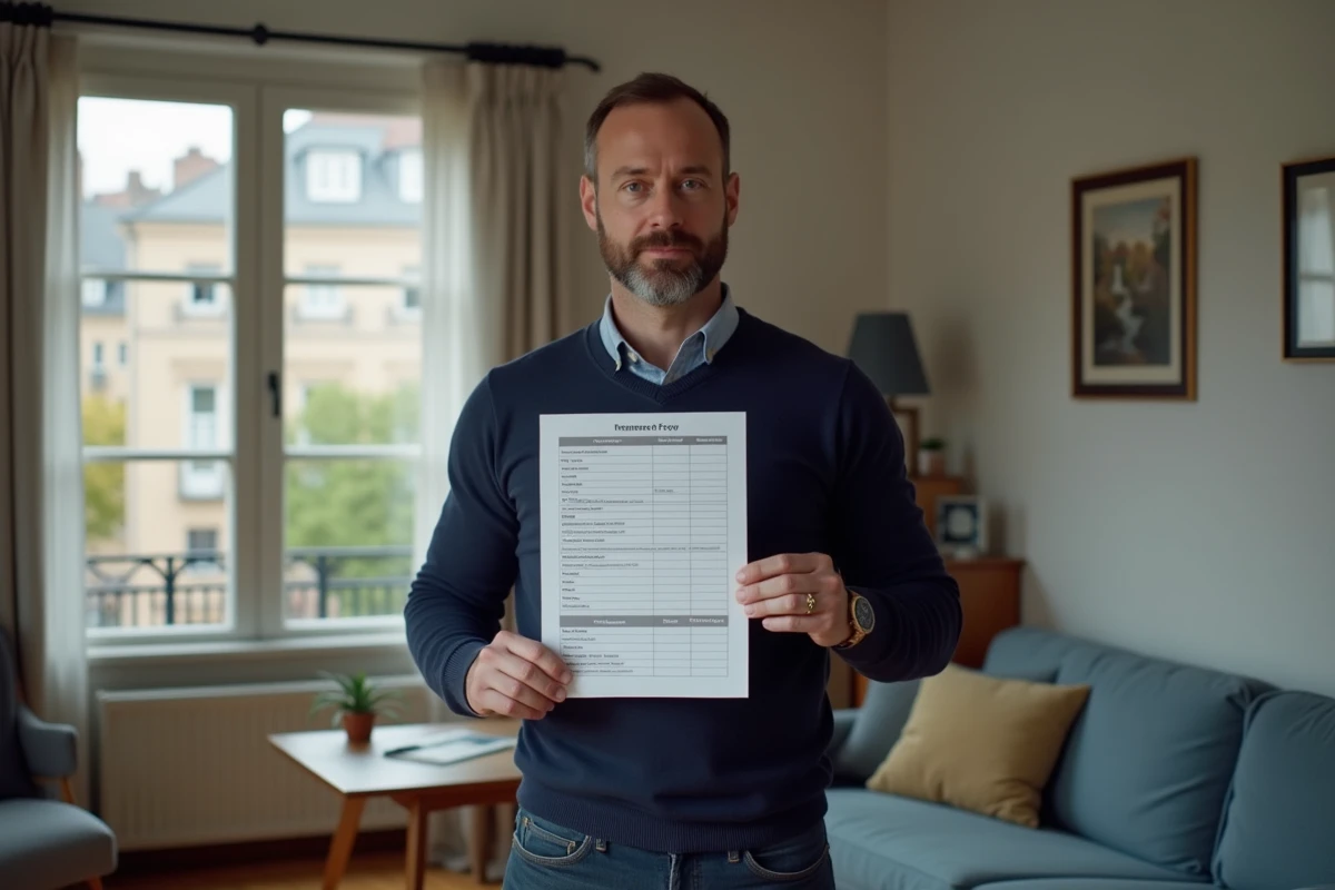 Homme tenant un comparatif de garanties d'assurance habitation dans un appartement parisien