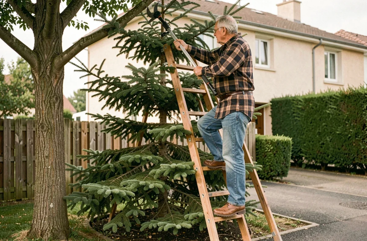 Homme âgé sur une échelle utilisant un élagueur télescopique pour tailler les branches hautes d'un sapin ornemental