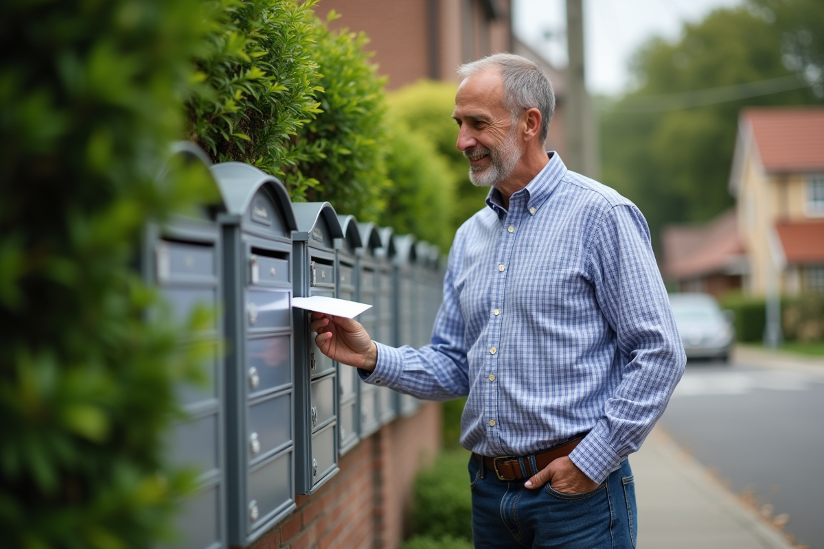 Homme dans un quartier suburbain en train de poster une lettre