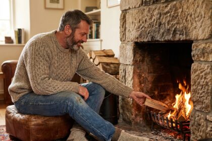 Homme d'âge moyen près de la cheminée en laine chaude