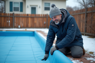 Homme en parka noire et bonnet hiver près de la piscine