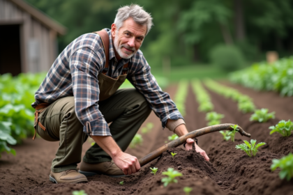 Homme en pantalon de travail et chemise à carreaux dans un jardin