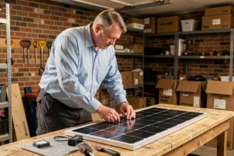 Homme examinant un kit solaire en autoconsommation posé sur un établi dans un garage, idéal pour une installation pas chère et fiable
