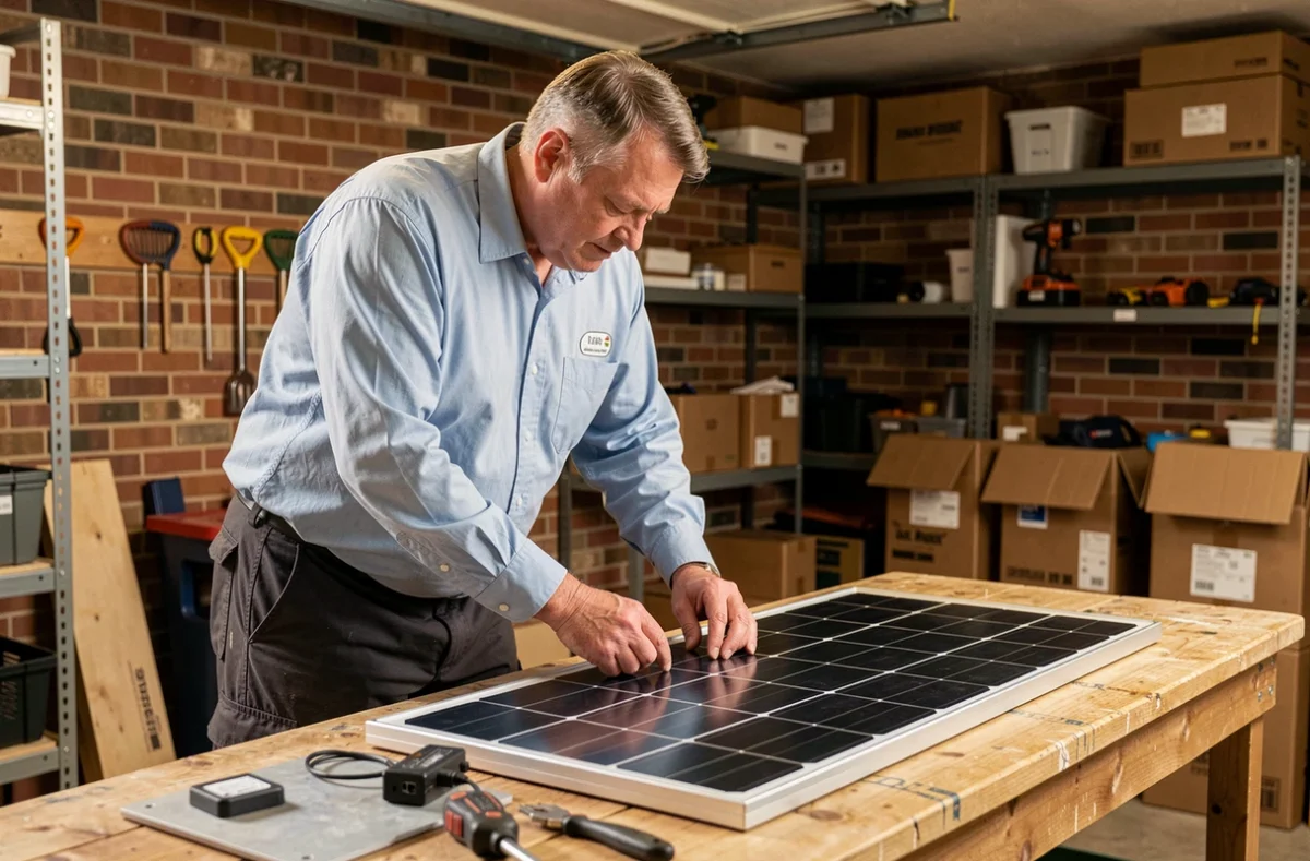 Homme examinant un kit solaire en autoconsommation posé sur un établi dans un garage, idéal pour une installation pas chère et fiable