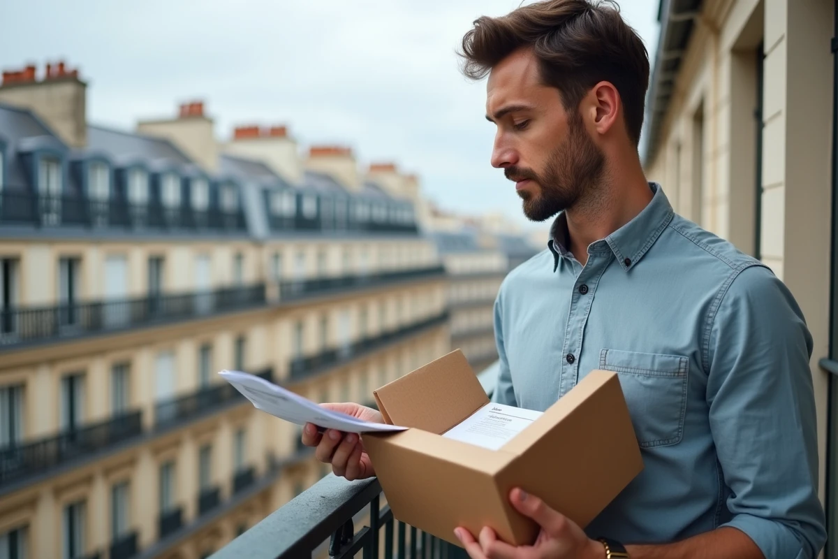 Homme regardant des box ouvertes sur un balcon parisien