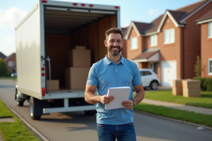 Homme souriant avec checklist devant camion de déménagement