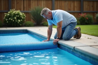 Homme en jeans et polo nettoyant la piscine extérieure