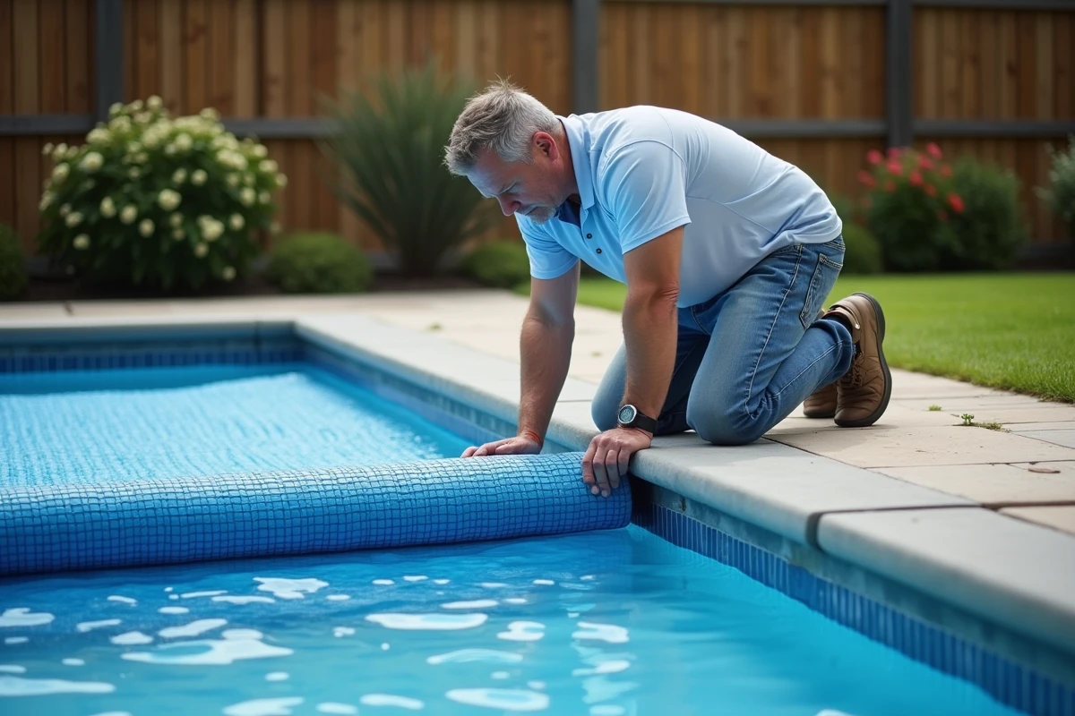 Homme en jeans et polo nettoyant la piscine extérieure