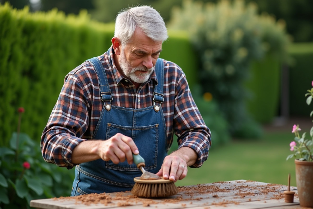 Homme en salopette nettoyant un outil de jardin rustique