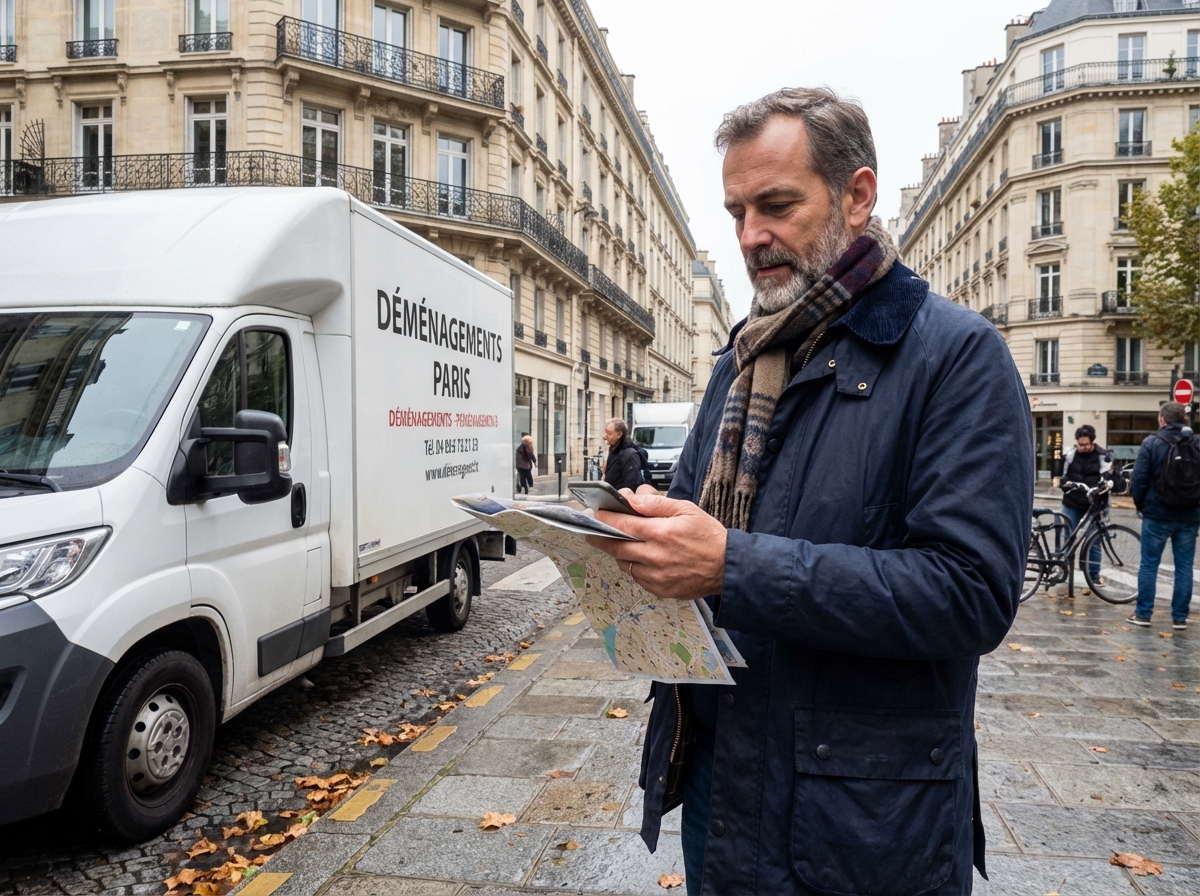 Homme vérifie un planning devant un camion de déménagement à Paris