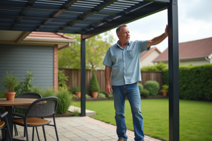 Homme examine une pergola en aluminium dans son jardin
