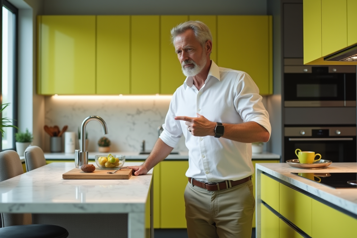 Homme en tenue décontractée critique des armoires vert lime dans une cuisine