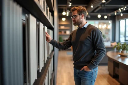 Homme en sweater examine un radiateur moderne en showroom