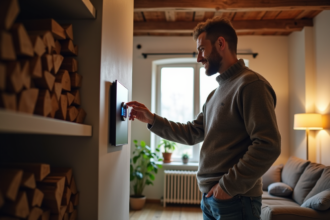 Homme souriant réglant un thermostat dans un salon chaleureux