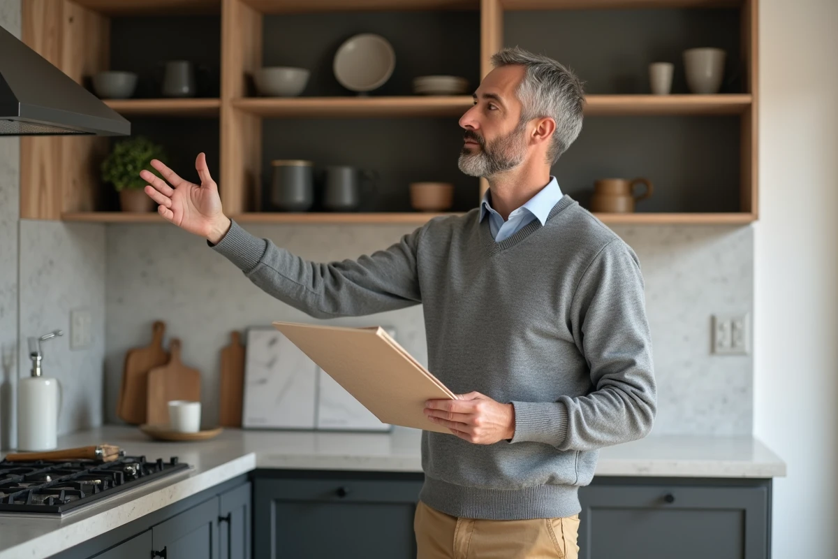 Homme planifiant la rénovation de sa cuisine devant des étagères ouvertes avec des échantillons de matériaux et un moodboard