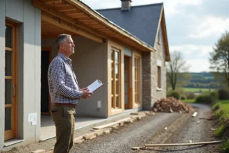 Homme en pantalon de travail et chemise à carreaux près d'une maison en rénovation