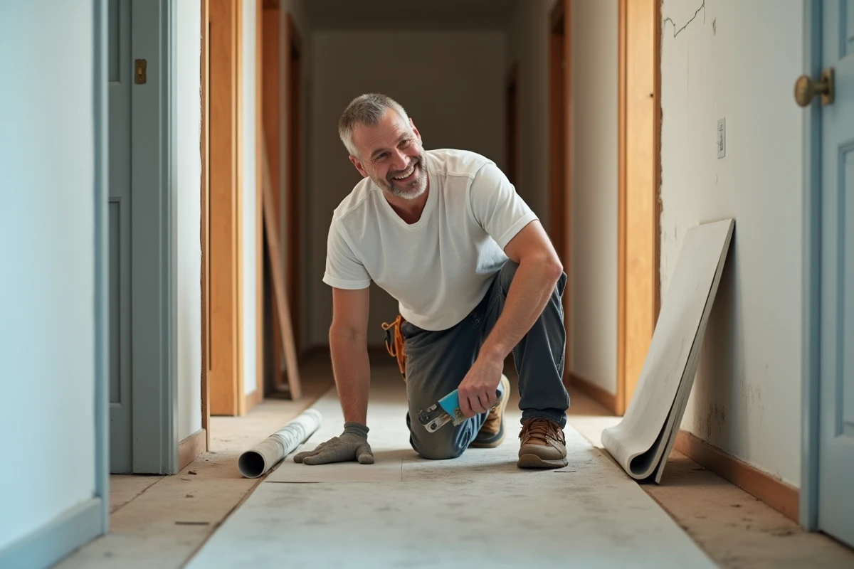 Homme posant du PVC dans un couloir en travaux