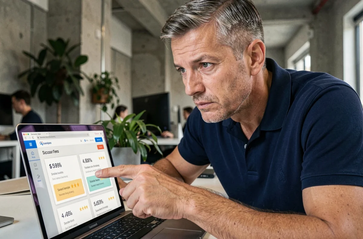 Homme montrant du doigt une ligne de tarifs sur un site web avec un air sceptique dans un espace de coworking