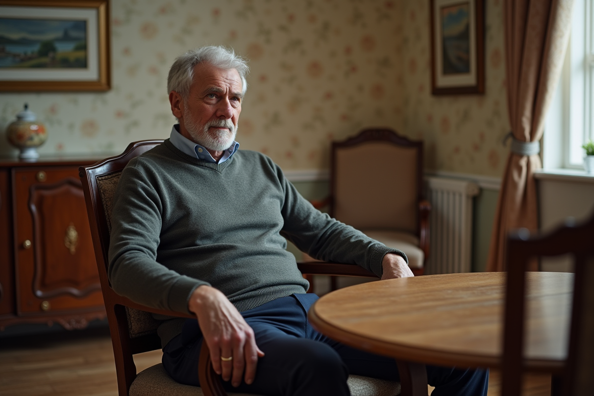 Homme senior assis dans une chaise de style classique dans une salle à manger chaleureuse
