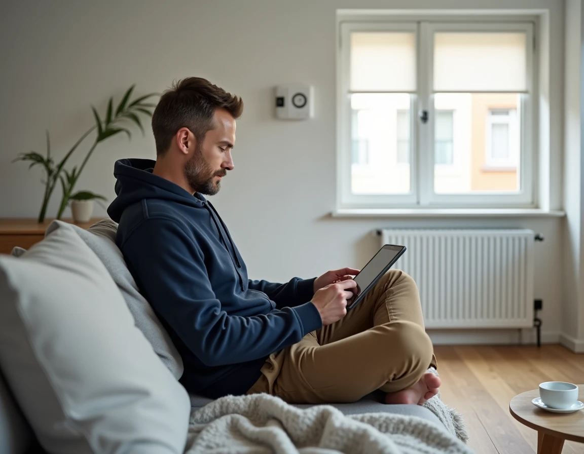 Homme gérant des scénarios domotiques sur tablette dans un salon minimaliste style scandinave