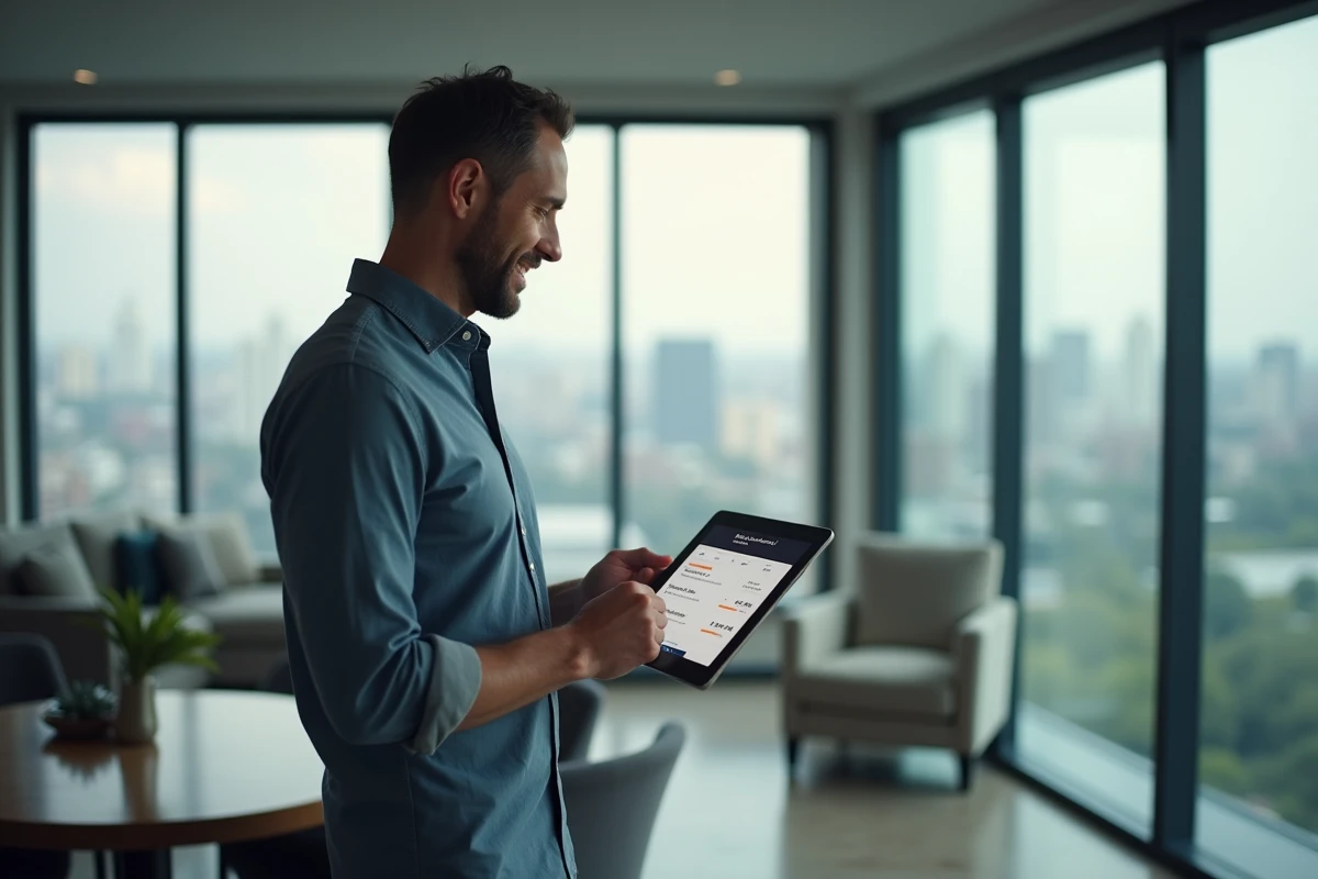 Homme debout dans un appartement moderne consultant les options tarifaires de lamaison360 sur tablette