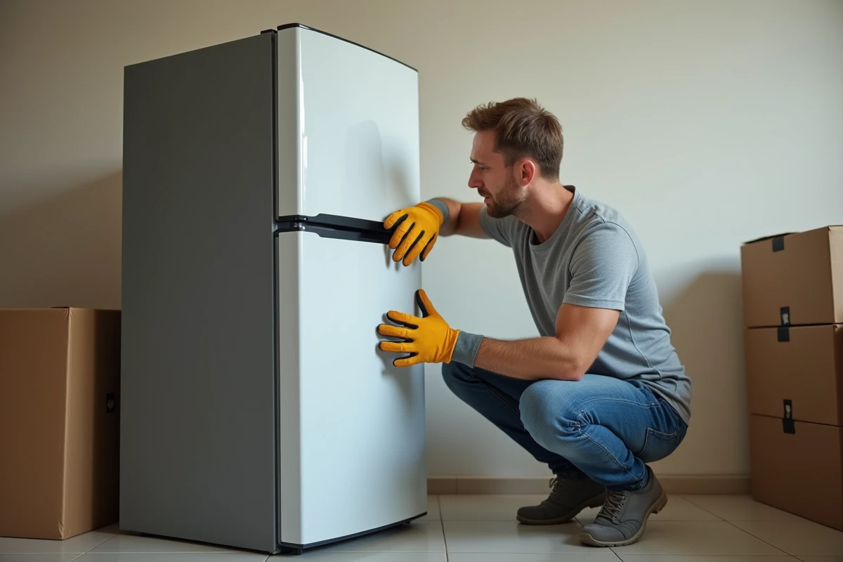 Homme vérifiant un réfrigérateur récemment installé après un déménagement dans une cuisine vide