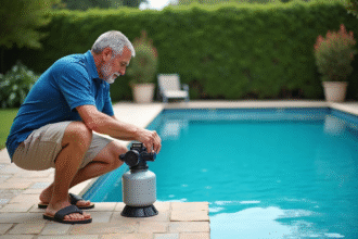 Homme vérifiant un filtre de piscine extérieure