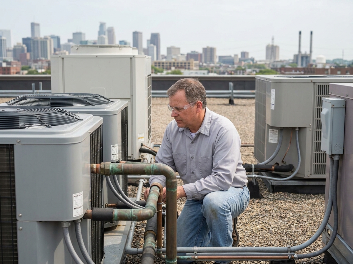 Ingénieur inspecte une installation de pompe à chaleur géothermique sur le toit d'un immeuble de bureaux en milieu urbain