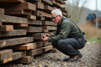 Homme en overalls inspectant des traverses en bois