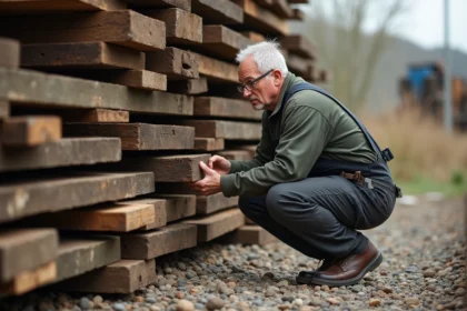 Homme en overalls inspectant des traverses en bois