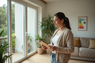 Femme inspectant des fenetres eco-responsables dans un salon durable