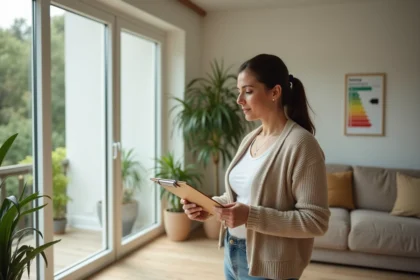 Femme inspectant des fenetres eco-responsables dans un salon durable