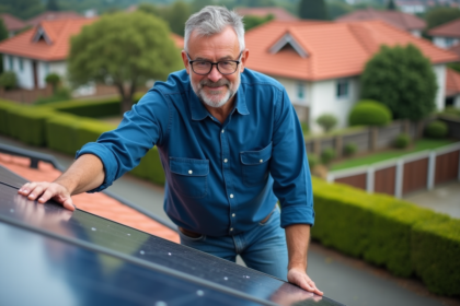 Homme inspectant des panneaux solaires sur un toit résidentiel